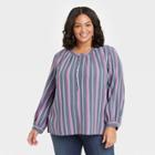 Women's Plus Size Striped Long Sleeve Half Placket Blouse - Universal Thread Purple