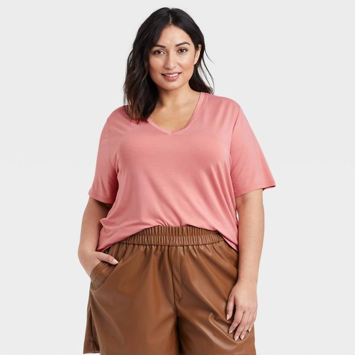 Women's Plus Size Short Sleeve V-neck Drapey T-shirt - A New Day Pink