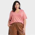 Women's Plus Size Short Sleeve V-neck Drapey T-shirt - A New Day Pink