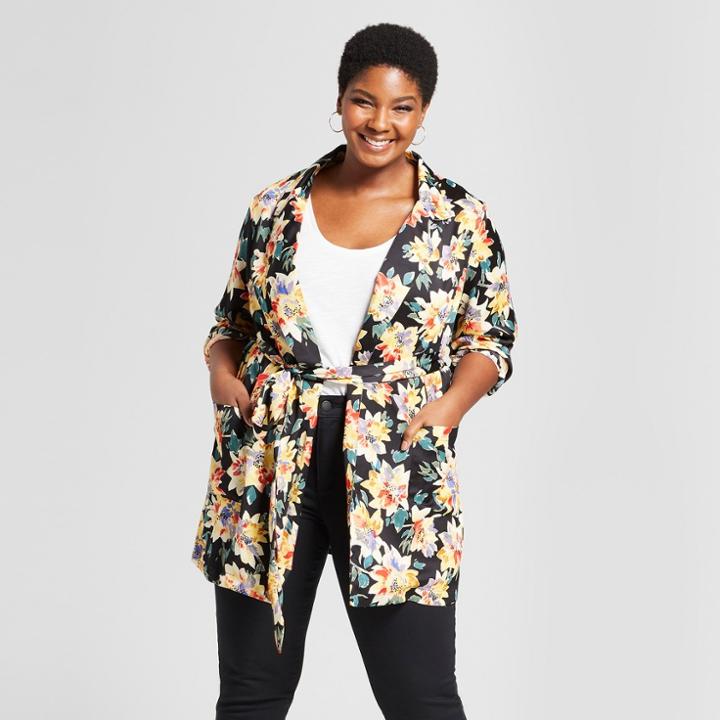 Women's Plus Size Floral Print Blazer - Ava & Viv Black