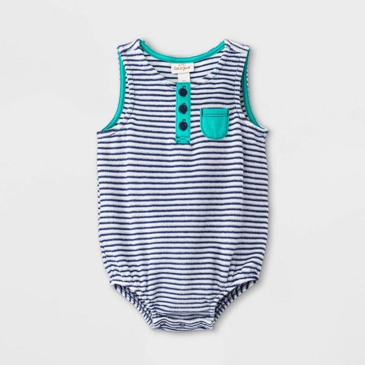 Baby Boys' Striped Terry Henley Romper - Cat & Jack Navy Newborn, Blue