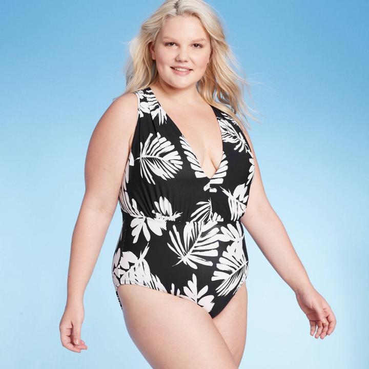 Women's Plus Plunge Front Floral One Piece Swimsuit - Sea Angel Black 1x, Women's,