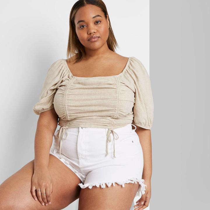 Women's Plus Size Short Sleeve Square Neck Cinched Front Top - Wild Fable Beige 1x, Women's,
