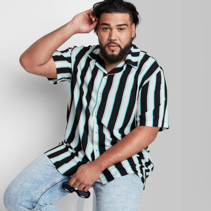 Men's Big & Tall Regular Fit Striped Short Sleeve Button-down Shirt - Original Use Aqua