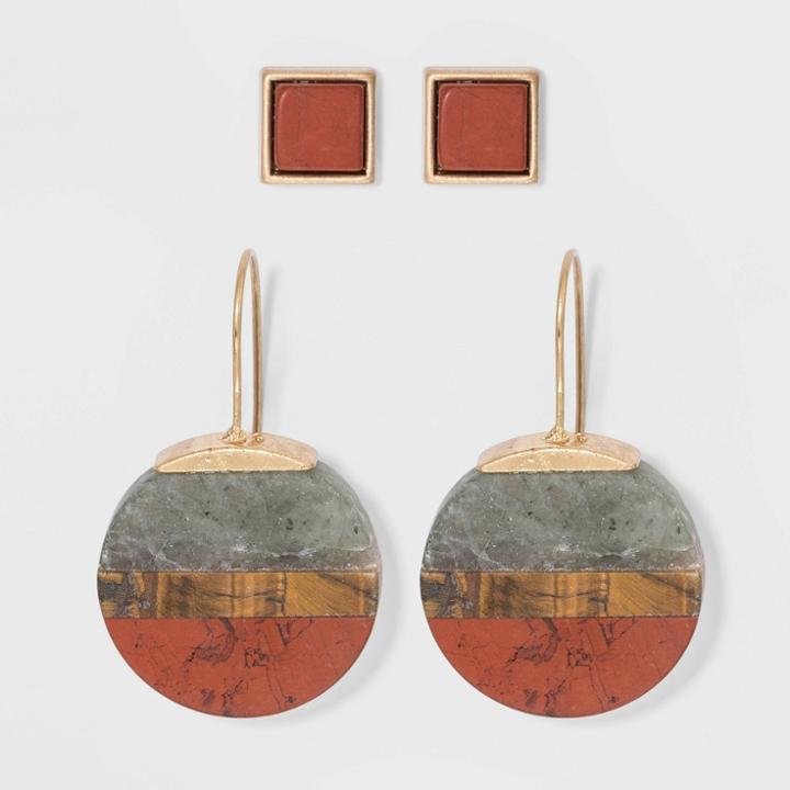 Boxed Duo With Labradorite, Tiger Eye, And Jasper Semi-precious Stones Earring Set - Universal Thread Brown, Women's