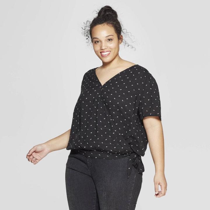 Women's Plus Size Floral Print Short Sleeve V-neck Wrap Top - Universal Thread Black