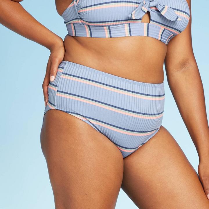 Women's Plus Size Ribbed High Waist Bikini Bottom - Xhilaration Blue Stripe