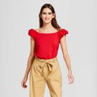 Women's Short Puff Sleeve Bardot Top- Who What Wear Red