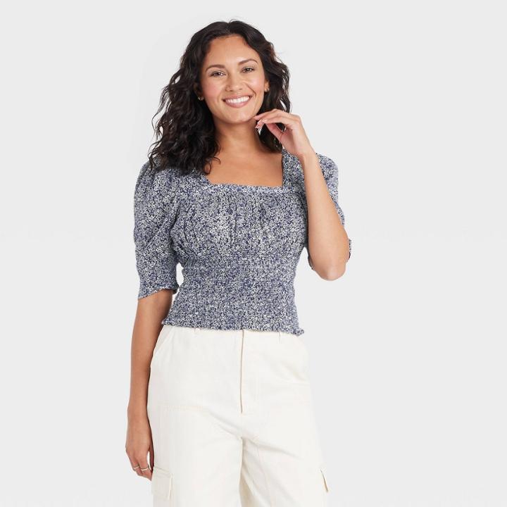 Women's Puff Elbow Sleeve Smocked Fitted Blouse - Universal Thread Navy Blue Floral