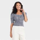 Women's Puff Elbow Sleeve Smocked Fitted Blouse - Universal Thread Navy Blue Floral