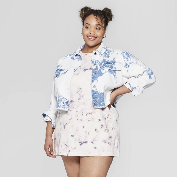 Women's Plus Size Long Sleeve Bleached Button-down Denim Jacket - Wild Fable Medium Wash