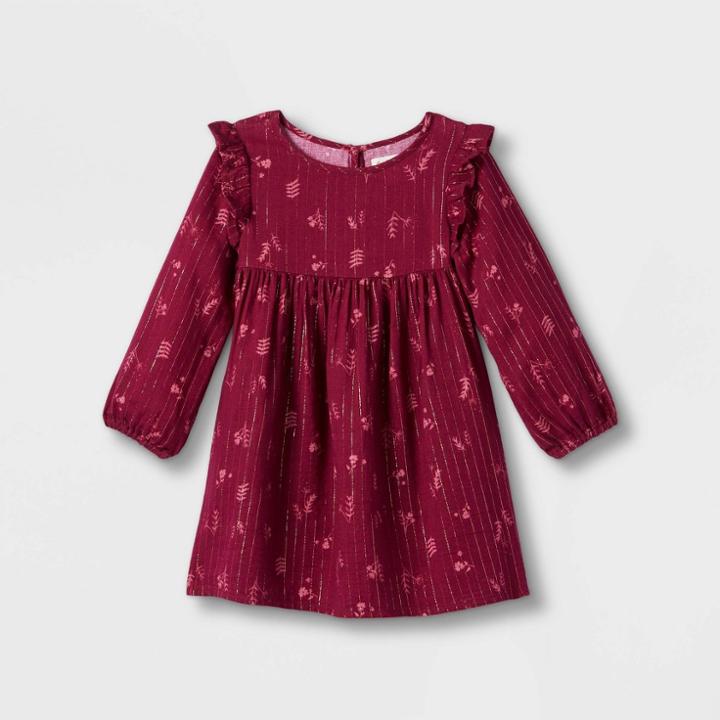 Toddler Girls' Sparkle Floral Ruffle Long Sleeve Dress - Cat & Jack Burgundy