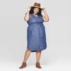 Women's Plus Size Sleeveless Deep V-neck Belted Denim Dress - Universal Thread Indigo