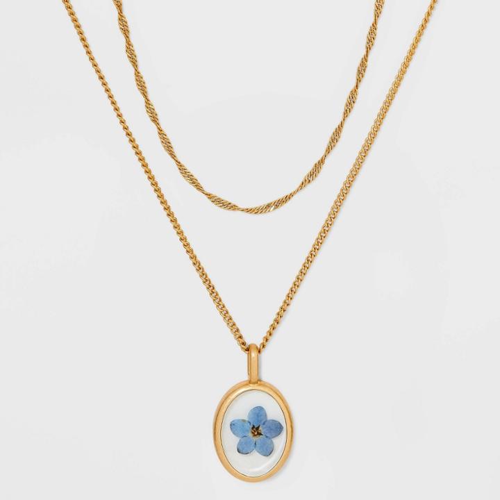 Bella Uno Bellissima Gold Plated Pressed Forget Me Not Flower Pendant Necklace - Blue