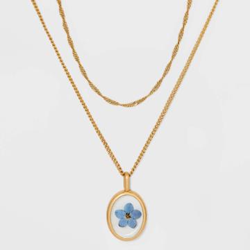 Bella Uno Bellissima Gold Plated Pressed Forget Me Not Flower Pendant Necklace - Blue