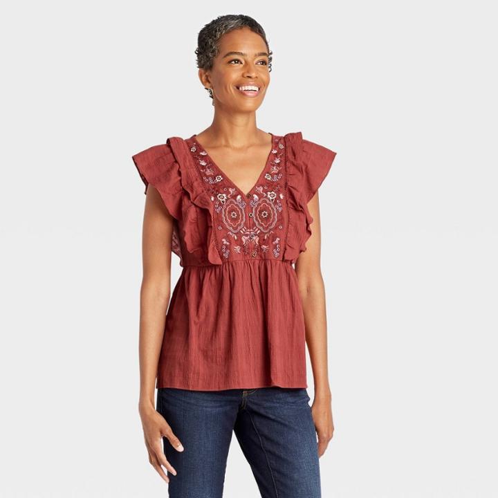 Women's Embroidered Short Sleeve Double Ruffle Top - Knox Rose Rust