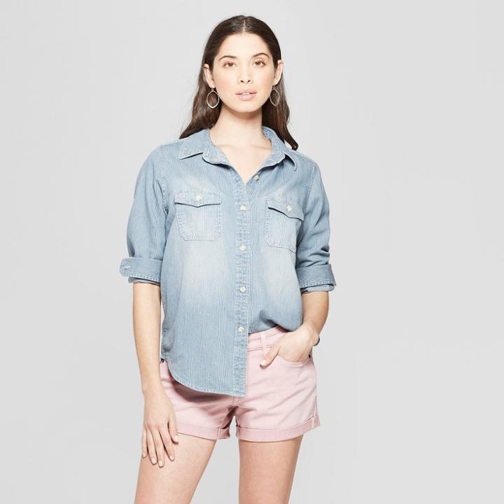 Women's Striped Long Sleeve Collared Labette Denim Shirt - Universal Thread Light Wash
