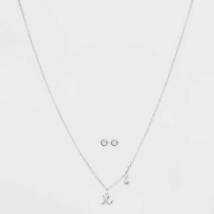 Silver Plated Cubic Zirconia Initial 'x' Chain Pendant Necklace And Earring Set - A New Day