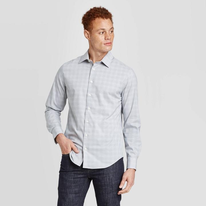 Men's Checked Standard Fit Long Sleeve Poplin Button-down Shirt - Goodfellow & Co Gray