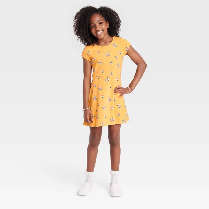 Girls' Printed Short Sleeve 100% Cotton Knit Dress - Cat & Jack Medium Mustard Yellow