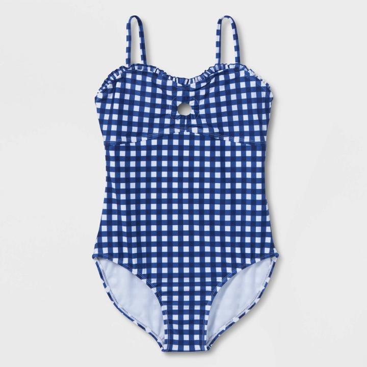 Girls' Gingham Check One Piece Swimsuit - Art Class Blue