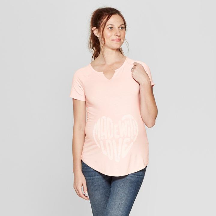 Maternity Short Sleeve Notch Neck Made With Love Graphic T-shirt - Isabel Maternity By Ingrid & Isabel Pink
