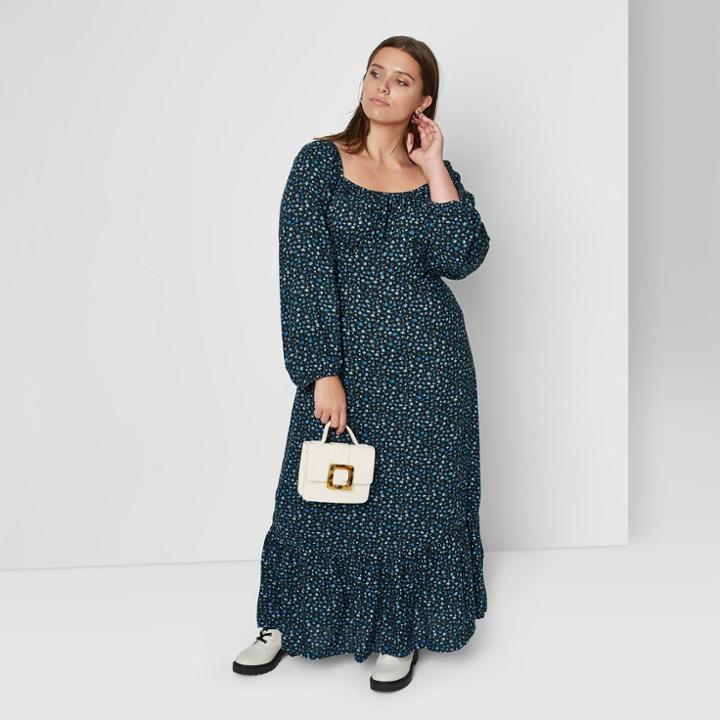 Women's Plus Size Floral Print Long Sleeve Tiered Prairie Dress - Wild Fable Blue