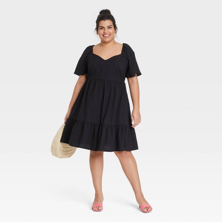 Women's Plus Size Flutter Short Sleeve Tiered Dress - Ava & Viv Black X