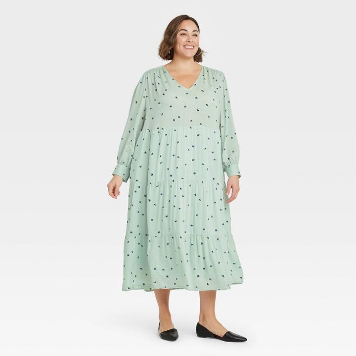 Women's Plus Size Long Sleeve Tiered Dress - A New Day Mint Printed