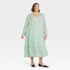 Women's Plus Size Long Sleeve Tiered Dress - A New Day Mint Printed