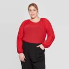 Women's Plus Size Bishop Long Sleeve Keyhole Shirred Tie Neck Blouse - Prologue Red 1x, Women's,