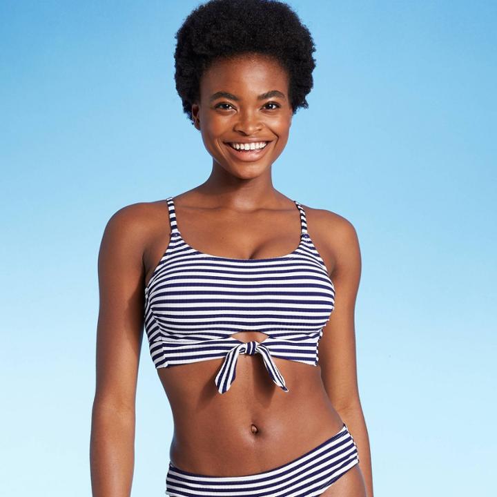 Juniors' Ribbed Tie-front Bralette Bikini Top - Xhilaration Navy D/dd Cup, Blue