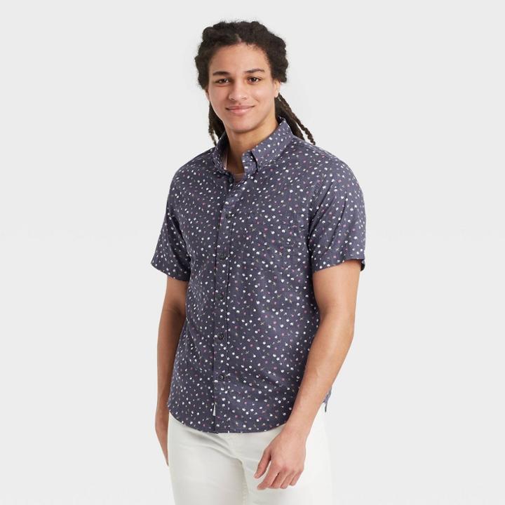 Men's Floral Print Regular Fit Short Sleeve Button-down Shirt - Goodfellow & Co Navy