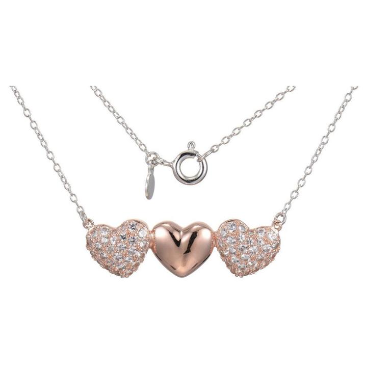 Prime Art & Jewel 14k Rose Gold Plated Sterling Silver Lab Created White Sapphire 3 Heart Necklace With 18 Chain, Girl's