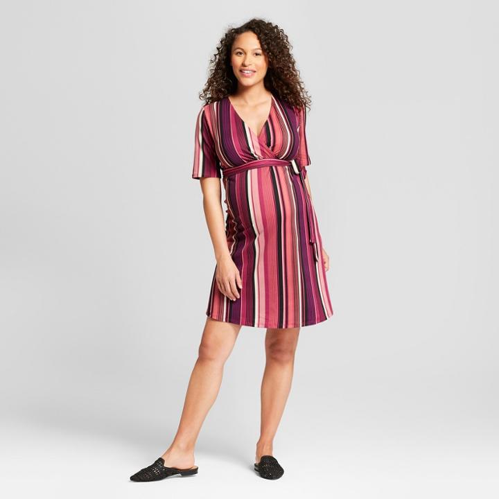 Maternity Striped Elbow Sleeve Belted Dress - Macherie Purple