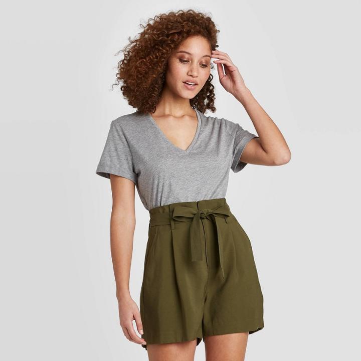 Women's Short Sleeve V-neck Cuff T-shirt - A New Day Heather Gray Xs, Women's, Grey Gray