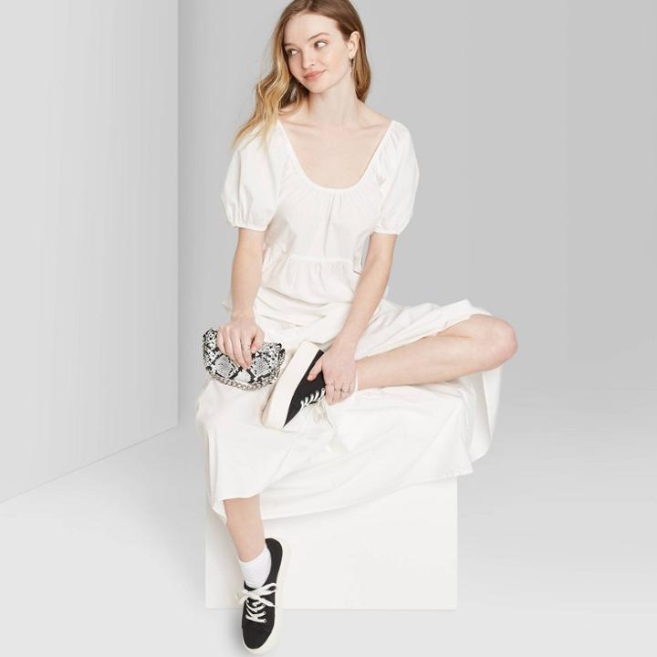 Women's Short Sleeve Round Neck Tiered Poplin Maxi Dress - Wild Fable White Xs, Women's, Beige