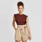 Women's Ruffle Short Sleeve Linen T-shirt - A New Day Burgundy Xs, Women's, Red