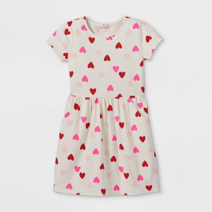 Girls' 'valentine's Day Multi Heart' Printed Short Sleeve Knit Dress - Cat & Jack Cream
