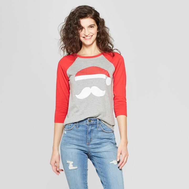 Women's 3/4 Sleeve Christmas Santa Silhouette Raglan Graphic T-shirt - Modern Lux (juniors') Gray