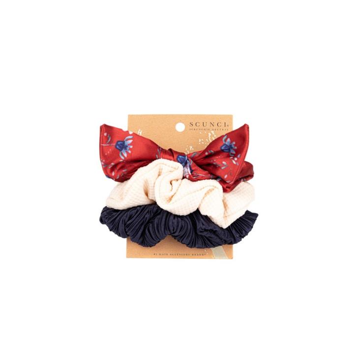 Scunci Scrunchie - Red Floral Print/solid Cream/solid Navy