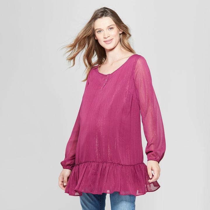Maternity Striped Long Sleeve Relaxed Woven Tunic - Isabel Maternity By Ingrid & Isabel Burgundy Xl, Women's, Purple