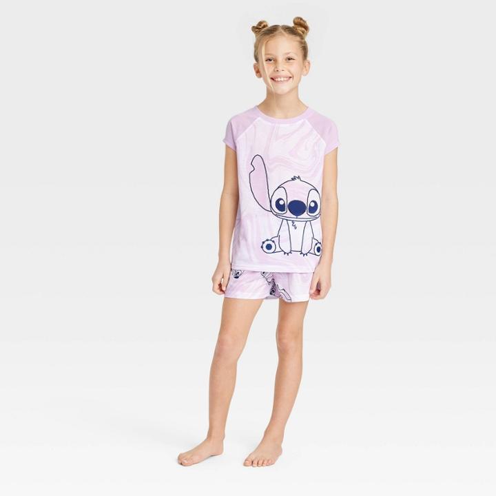 Girls' Disney Lilo & Stitch 2pc Marble Print Short Sleeve Top And Shorts Pajama Set - Purple