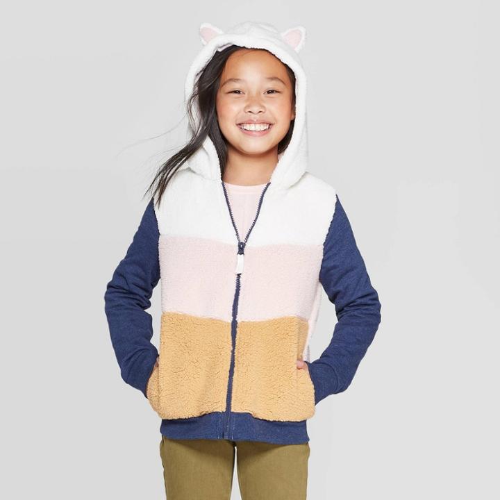 Girls' Long Sleeve Cat Sherpa Hoodie - Cat & Jack Navy/pink/cream S, Girl's, Size: