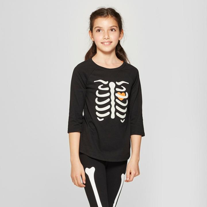 Girls' Halloween Glow-in-the-dark Skeleton 3/4 Sleeve T-shirt - Cat & Jack Black