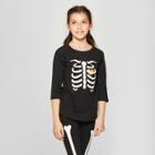 Girls' Halloween Glow-in-the-dark Skeleton 3/4 Sleeve T-shirt - Cat & Jack Black