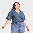 Women's Plus Size Short Sleeve Collared French Terry Polo T-shirt - Universal Thread Dark Blue
