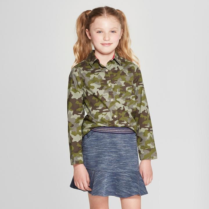 Girls' Woven Long Sleeve Button-down Shirt - Cat & Jack Green