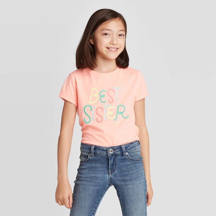 Petitegirls' Short Sleeve Best Sister Graphic T-shirt - Cat & Jack Peach Xs, Girl's, Orange