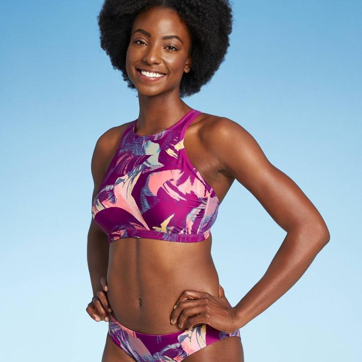 Women's High Neck Strappy Back Bikini Top - All In Motion Purple Floral D/dd Cup